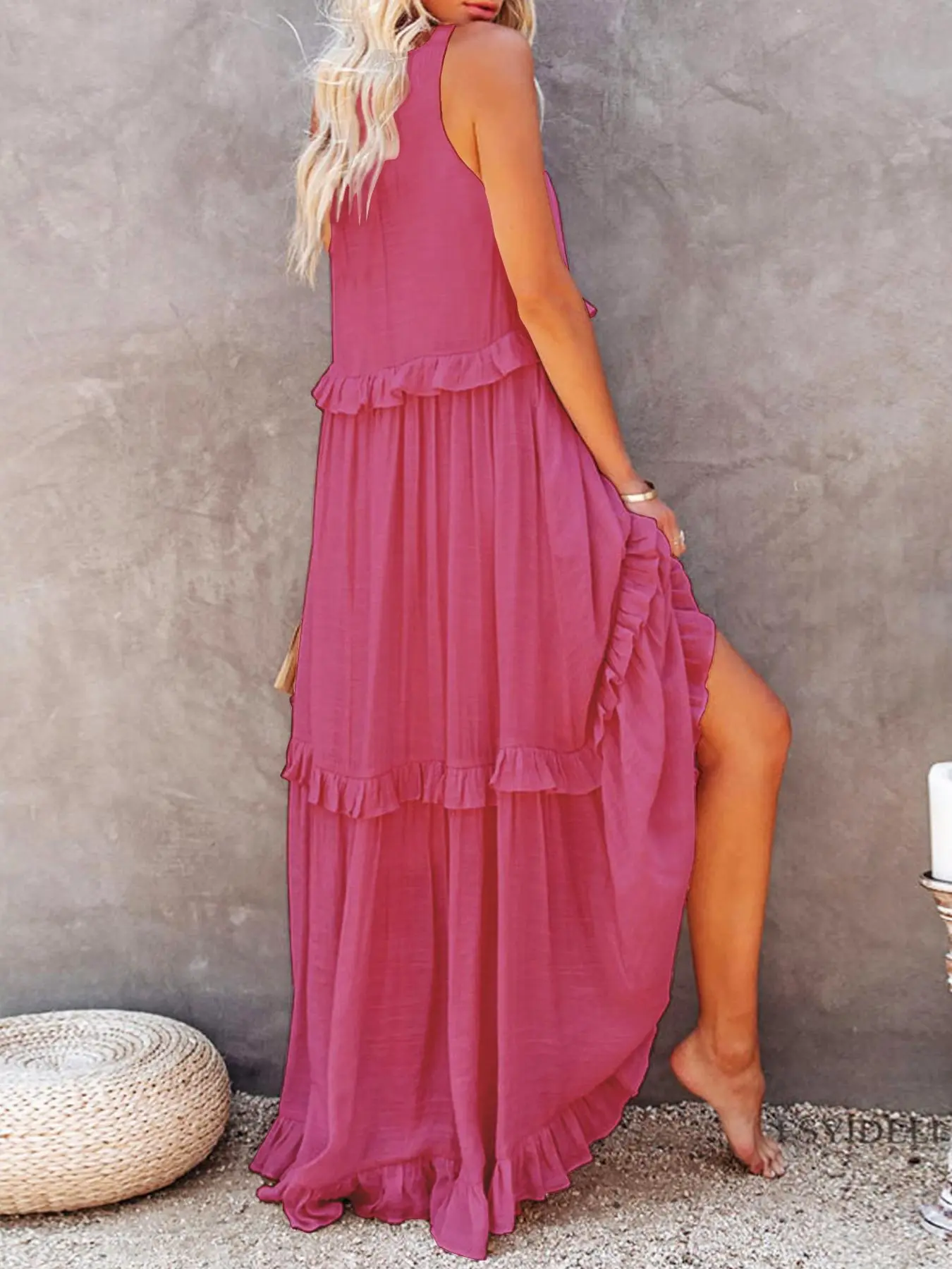 chinese dress ladies Pink Cap Sleeve Relaxed Ruffle Tiered Maxi Dress