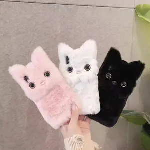 Winter Warm Plush Phone Case for iPhone 15 14 XS XR X 13 12 11 Pro Max - Furry Fluffy Fur Cover with Smartphone Protection Screen Protector Black Cellphone Protective Casing Shockproof