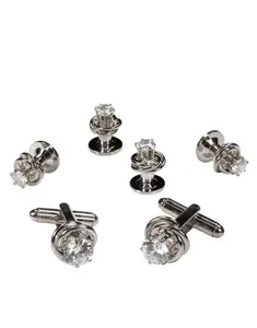 Crystal in Silver Loveknot Studs and Cufflinks Set