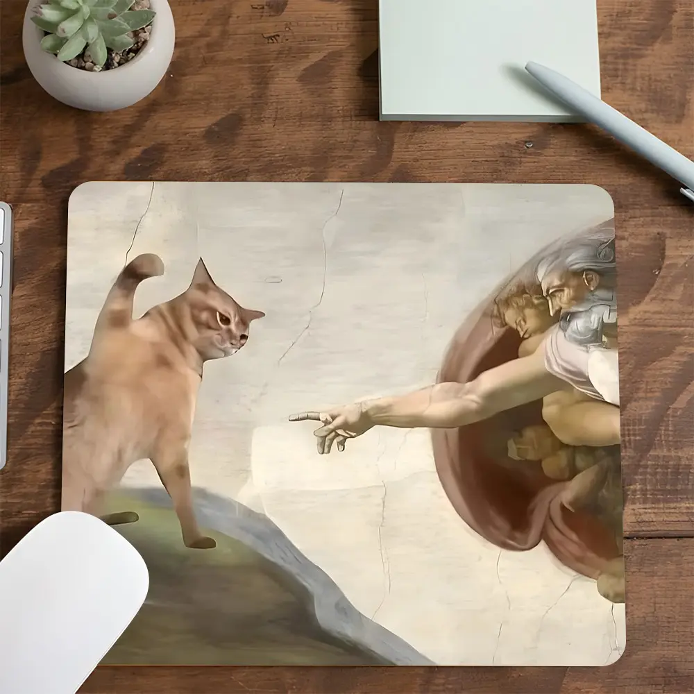 Painting Adapted Orange Cat Art Parody Style Square Mouse Pad, Mousepad, Gaming, Desktop Decoration Protection Pad, Rubber Non-Slip Lock Edge Work Pad, Small Size For Laptop Desktop Games Work, Gift For Family And Friends