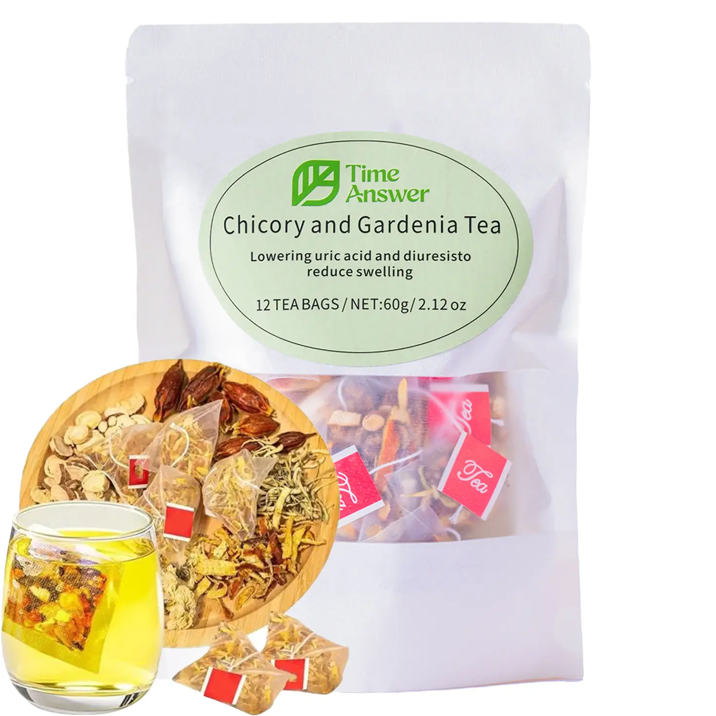 Natural Chicory & Gardenia Herbal Beverage Tea Bags - Low Sugar, No Added Sugar, Caffeine-Free, Vegan, No Artificial Flavor, Natural Ingredients, for Diabetics, Supports Digestion, 60g (12x5g) Cooling Relief Tea