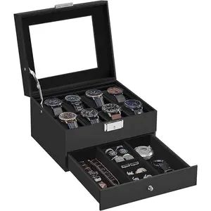 SONGMICS HOME 2 Layers Watch Box, Lockable Watch Case with Glass Lid and Drawer for Rings, Bracelets, Gift Idea Organiser