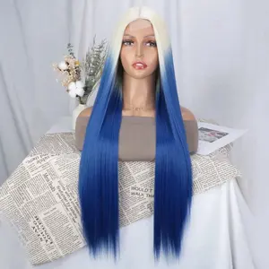 Women's Sweet Holiday Party Chemical Long Straight Wigs 32 Inch Color Blue for Festive Looks