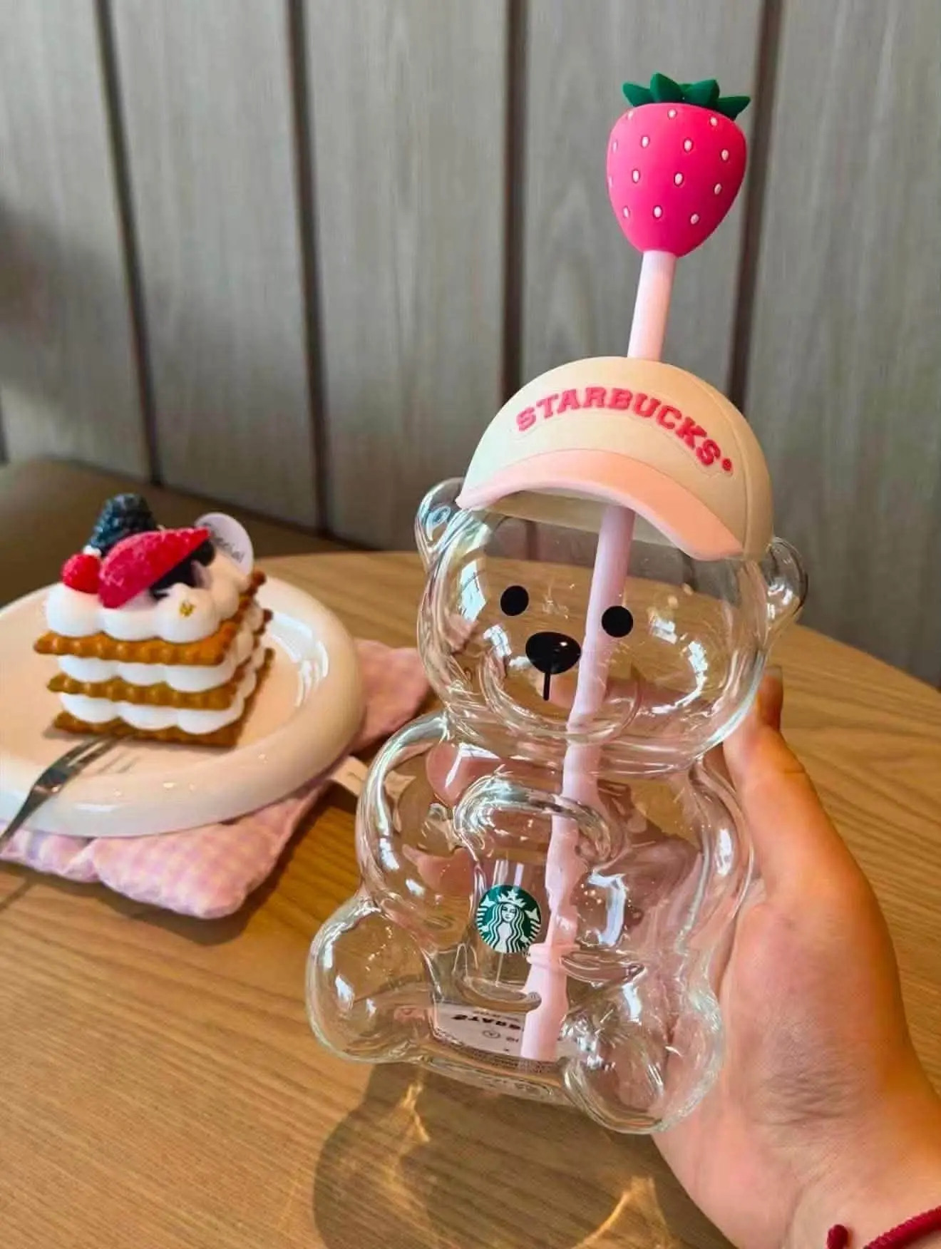 Pink Strawberry Bearista Bear Glass Cup, Summer Bearista Cup