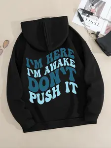 Women's Letter Print Drop Shoulder Drawstring Hoodie, Fashion Casual Kangaroo Pocket Hooded Sweatshirt for Daily Holiday Outdoor Wear, Women Clothes for Fall & Winter