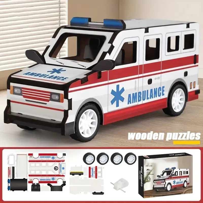 Wooden Ambulance Building Set, Wooden Ambulance Model, Craft Enthusiast Display, Durable Wood Material, Ambulance Decoration, Model Kit, Model Car Kit, Blocks Set, Bricker Build Sets