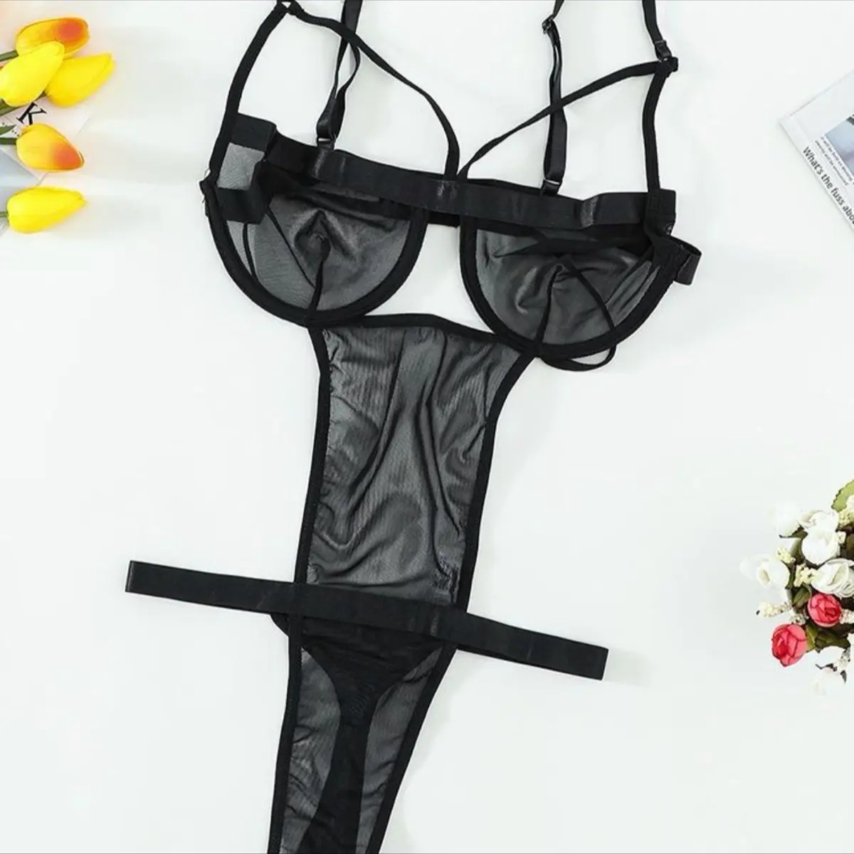 Black Strappy Mesh Teddy  Women's Ling Lingerie
