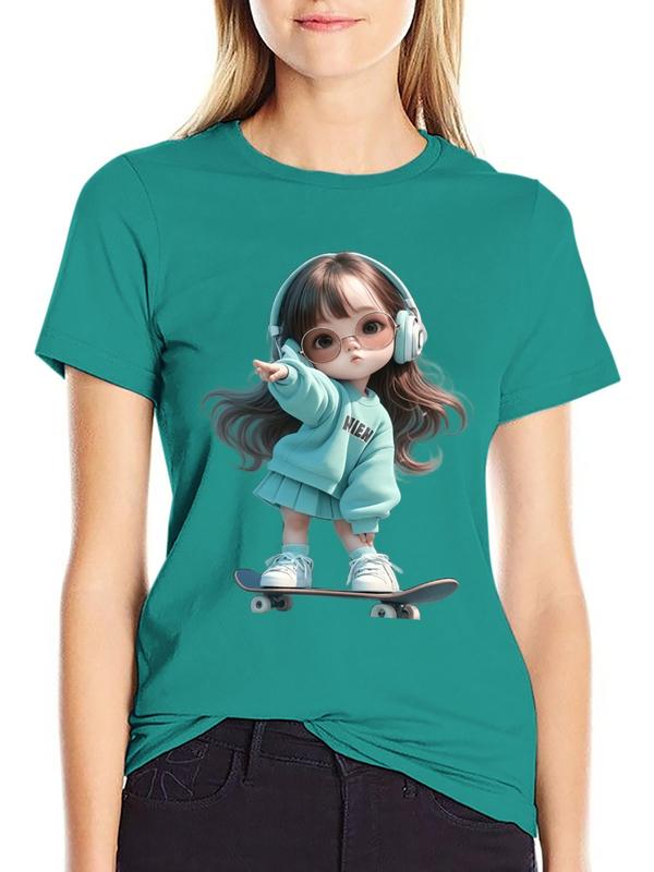 Women's Pure Cotton Short Sleeve Crew Neck T-Shirt - Fitted Cut, Cute Girl Headphones-Glasses-Skateboard Graphic Print, Breathable, Minimalist Casual Top for Gamer Halloween Occasions
