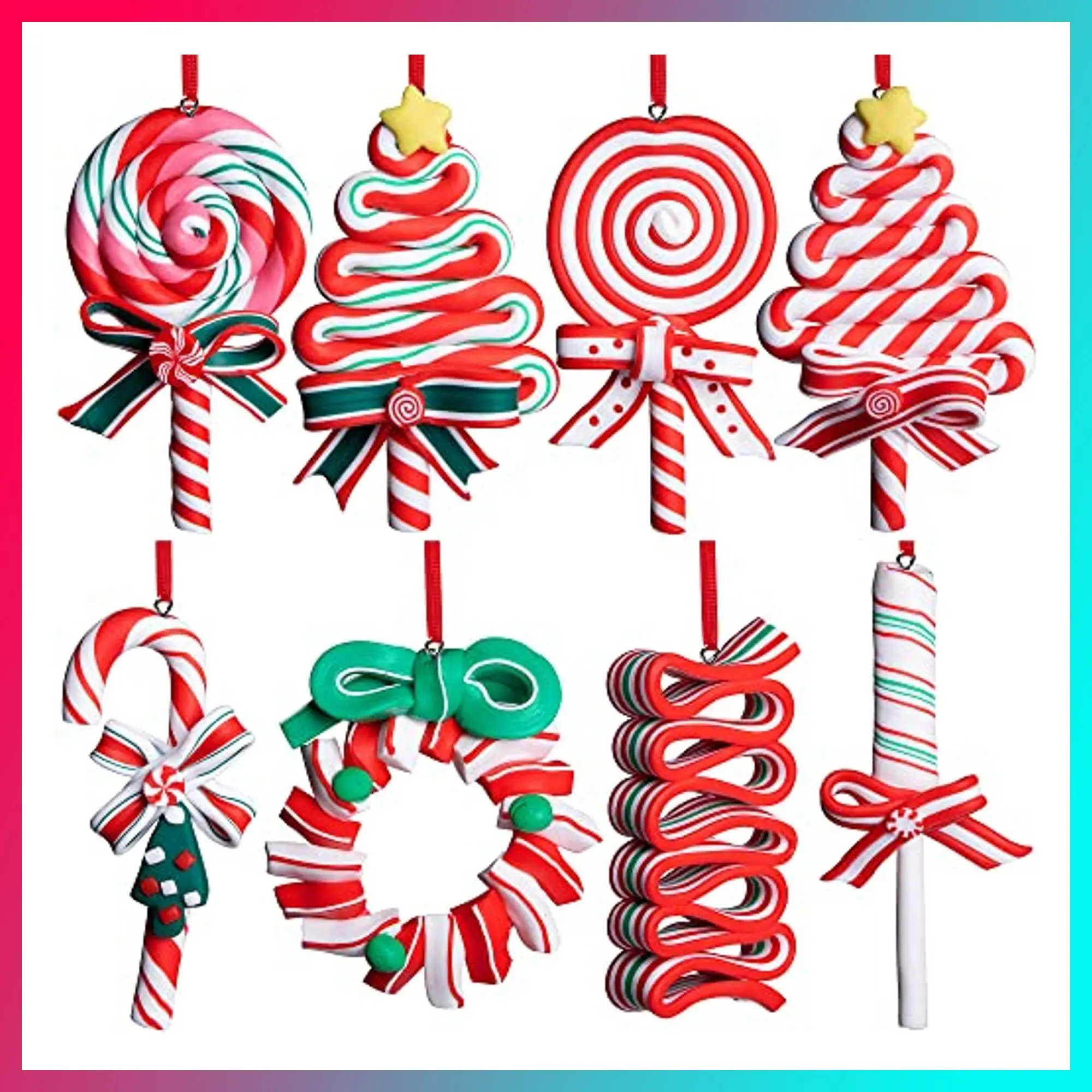 codree 8 PCS Christmas Hanging Lollipop Ornaments- Candy Ornaments for Christmas Tree- Candies Polymer Clay Ornament for Xmas Tree Party Decoration