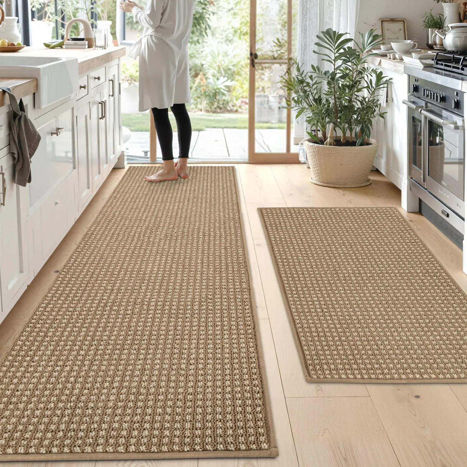 Hicorfe 2-Piece Gingham Flat Weave Kitchen Rugs Set, Non-Slip Absorbent Stain-Resistant Ribbed Fabric Mats, Wrinkle-Resistant Durable Anti-Shrink Pet-Friendly for Sink, Door Entrances, Multi Sizes & Colors Home Decor