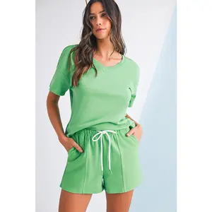 Women's 2-Piece Casual Everyday Clothing Set - Mint Green V-Neck Drop-Shoulder Shortsleeve Breathable Basic Tee, Patchwork Pocket Drawstring Shorts, Comfortable Fit
