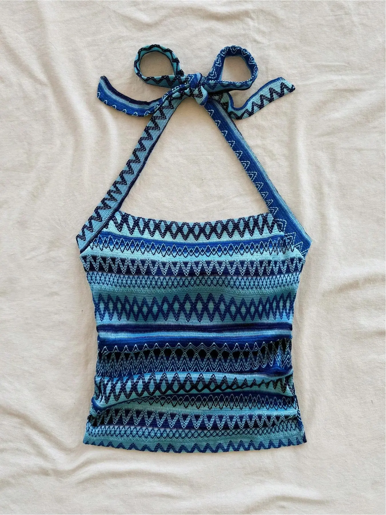 Summer Colorblock Bohemian Style Casual Fitted Comfortable Tie Bow Halter Vest Top, Women's Fashion Sleeveless Blouse, Color Block Tank, Boho Sleeveless Top, Perfect for Daily Wear, Womenswear