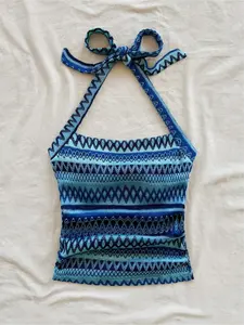 Summer Colorblock Bohemian Style Casual Comfortable Tie Bow Halter Vest Top, Women's Fashion Sleeveless Blouse, Perfect for Daily Wear