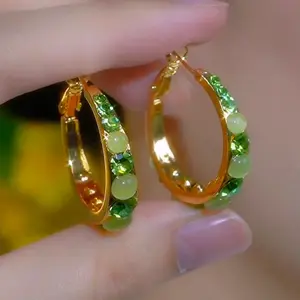 Green Rhinestone Hoop Earrings for Women, Unique Design, High-end, Elegant, Light Luxury Circle Stud Earrings Jewelry E50027-EH
