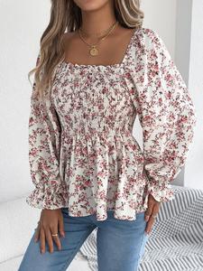 women's ditsy floral print long sleeve blouse, casual classy fashion top for daily holiday vacation wear, women clothing for spring & fall, summer, bohemian womenswear, boho clothes, lady peplum tops, casual printed