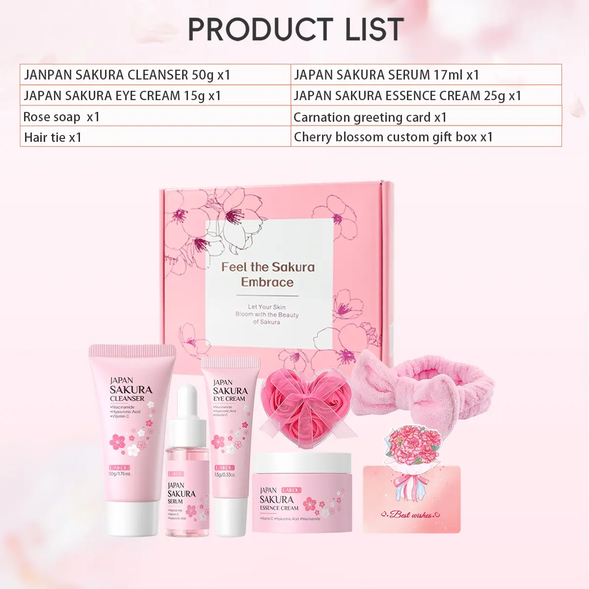 Laikou Sakura Glow Skin Set, Cleanser 50g + Serum 17ml + Eye Cream 