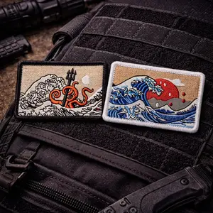 2Pcs Ocean Wave Patch Set Kraken vs Japanese Wave Velcro Patch for Backpack Tactical Gear – Embroidered Morale Patch