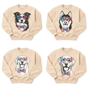 Cute Patriotic Dog Sweatshirt Sport Grey & Sand – (25 Dog) Heart Glasses, American Flag Bow Tie