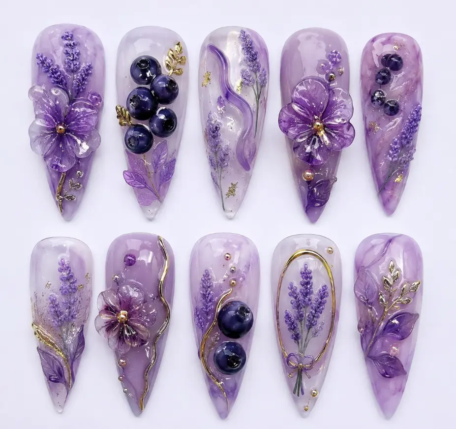 Purple Lavender Blueberry Press On Nails with 3D Flowers, Gold Leaf Charms, Marble & Floral Art, Fairycore TikTok Handmade Nail Set