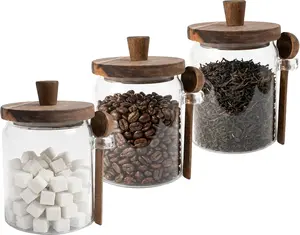 Set of 3 Glass Jars Containers with Wooden Lids and Scoop Clear Canister Jars Set with Spoon for Kitchen Food Storage Coffee Tea Sugar Decorative Countertop Organization Jars 31 oz (3)