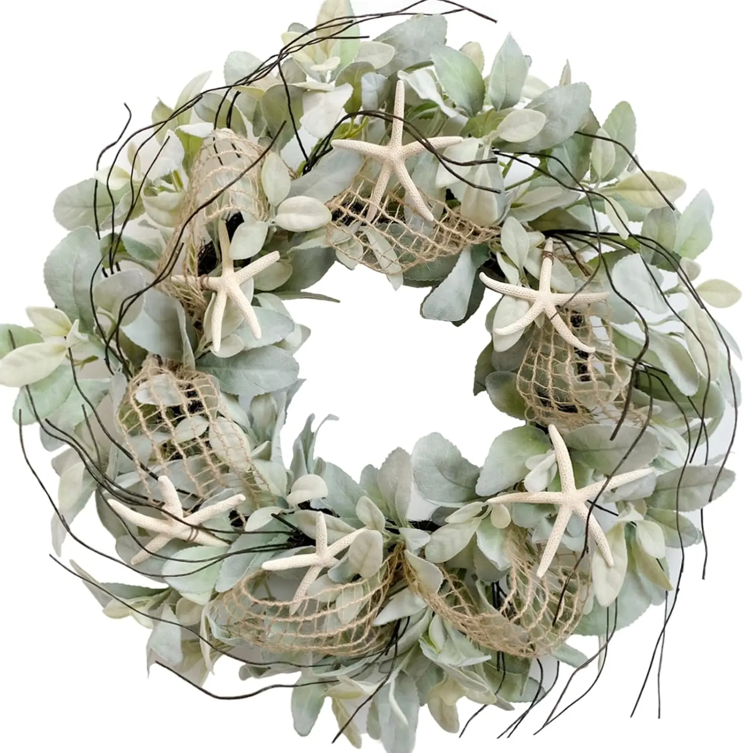 CIR OASES 18-in Round Rustic Green Ear Lamb Leaves Starfish Grapevine Wreath, Rust Farmhouse Home Decoration, Door Mount Supply for Wedding, Romance, All Seasons
