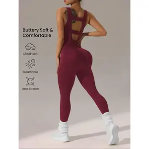 Women's solid color backless hollow sports jumpsuit, casual, comfortable, breathable sleeveless jumpsuit, suitable for yoga gym exercise running, women's sportswear, all season sportswear jumpsuitRAIMENTRY