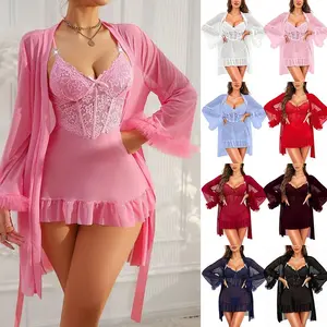 Women's 2 Piece Lingerie Set Lace Patchwork Camisole Nightgown & Bell Sleeve Sheer Robe Set