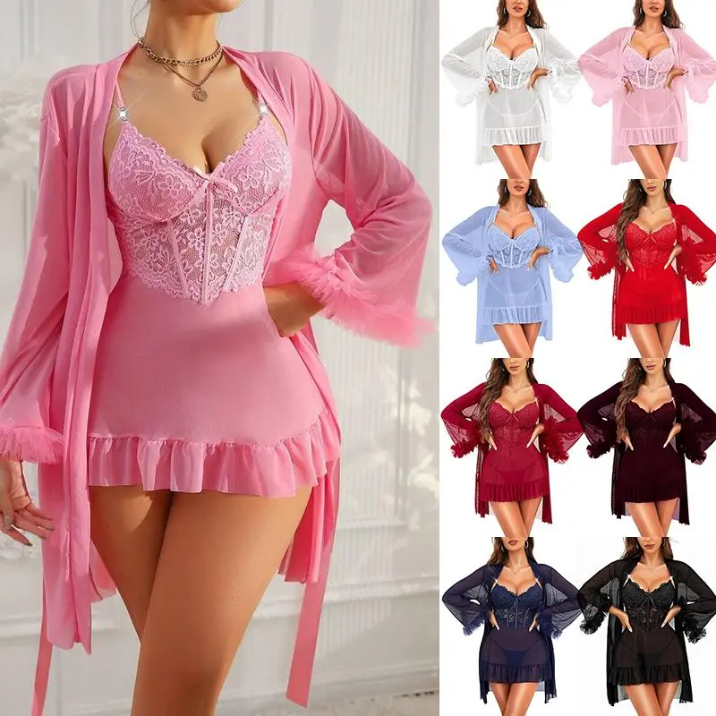 Women's 2 Piece Lingerie Set Lace Patchwork Camisole Nightgown & Bell Sleeve Sheer Robe Set