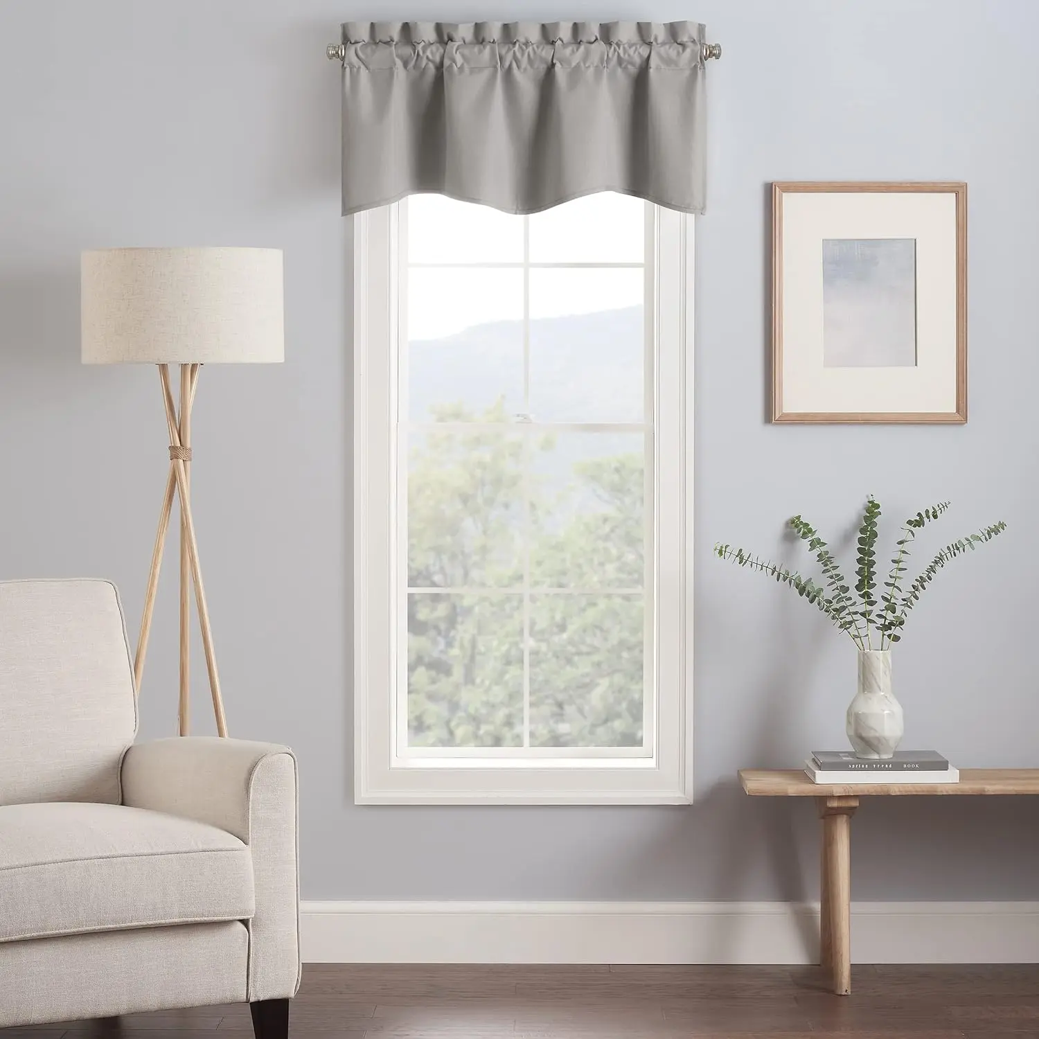 Eclipse Kendall Modern Scalloped Edges Fabric Valance, 42 in x 18 in, Neutral Tones Grey, Rod Pocket - Bathroom Home Supplies