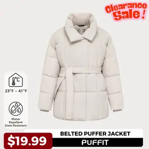 【Clearance Sale】PUFFIT Mid Length Belted Puffer Jacket Womenswear, Winter Warm Classic Quilted Outerwear, Button Front Full Zip Long Sleeve Coats with Deep Pockets #FallFreshness
