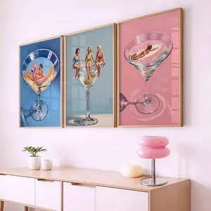 Retro Cocktail Summer Poster Set – Martini Glass Beach Girl Wall Art, High Quality Print, No Frame, Vintage Bar Style Room Decor