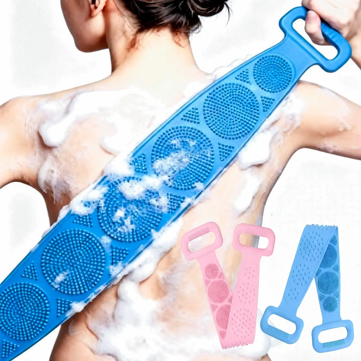 Women's 2 Pcs Silicone Bath Brush Set - Double-Sided Exfoliating Back Scrubber with Mesh Sponge, Soft Bristles, Long Strap, Handles, Hangable Cleaning Personal Shower Accessories (Home Supplies for Self Care)
