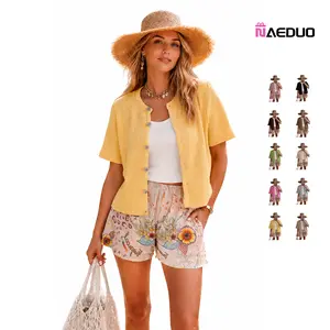 Naeduo Women's Short Sleeve Knit Cardigan - Crewneck Button Down Ribbed Knit Top Lightweight Breathable Summer Layering Piece for Casual, Office & Travel