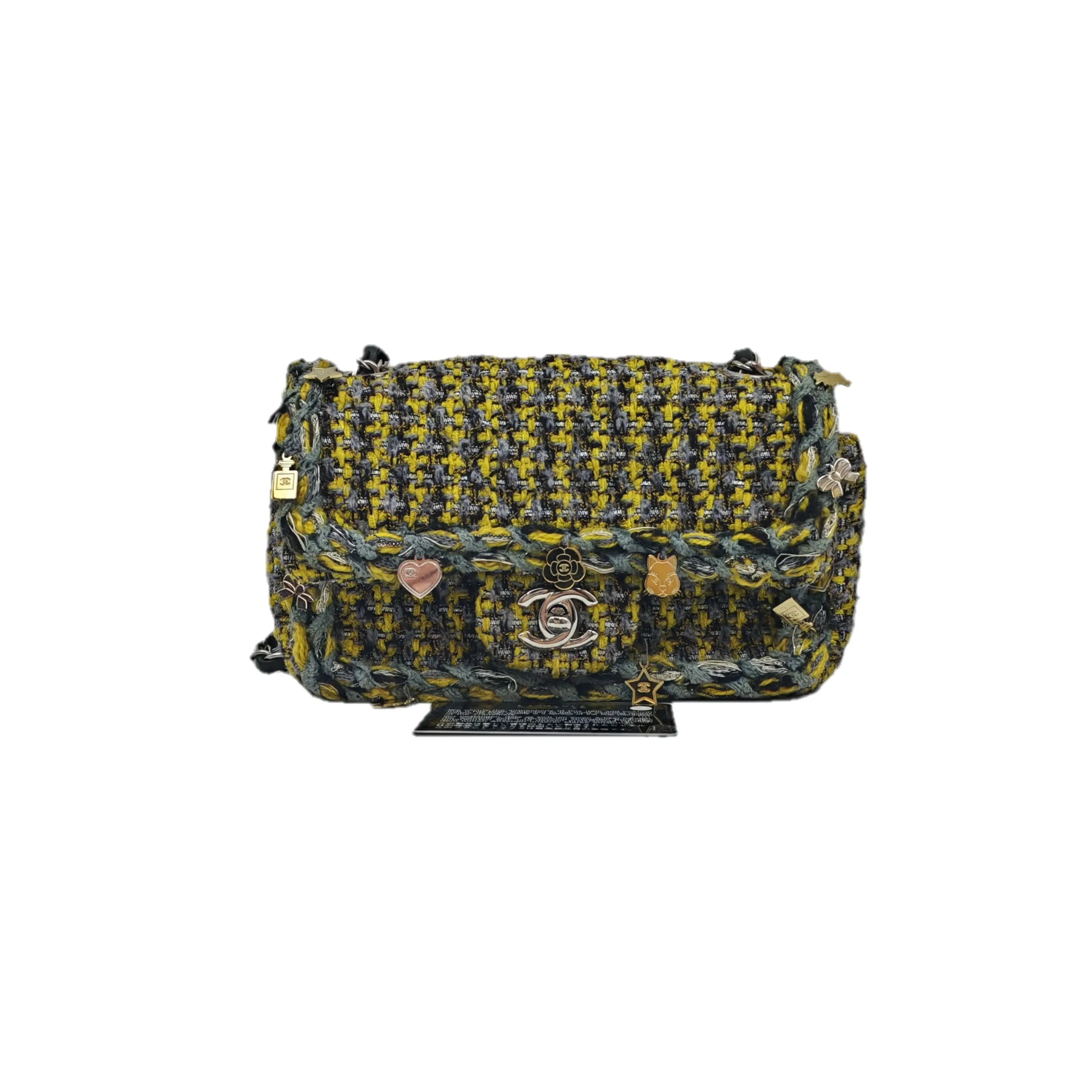 Pre-owned CHANEL H1 Small Classic Flap Yellow Grey Tweed With Full Charms Double Flap Limited Edition 18649