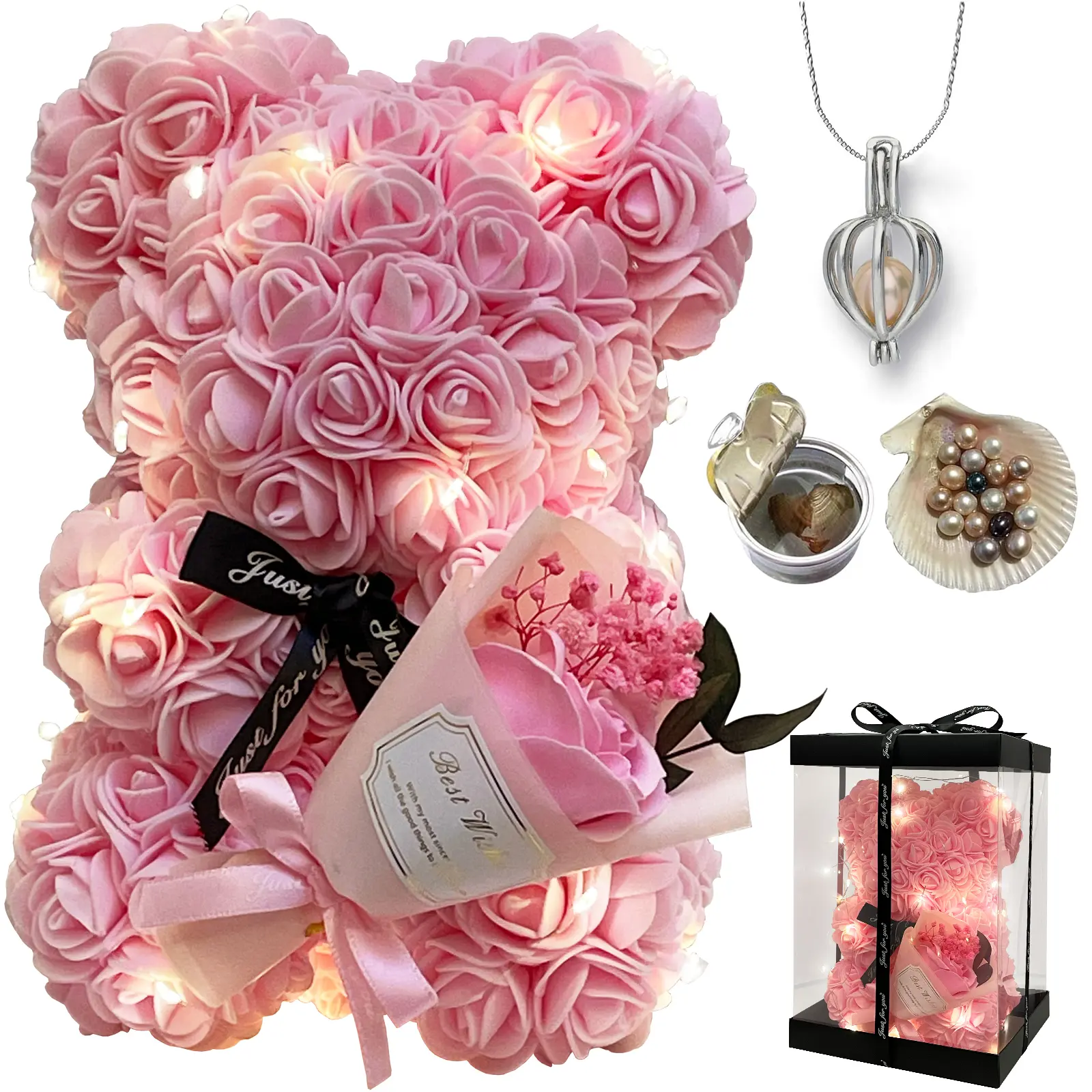 Romantic Valentines Day Gift for her Pearl Necklace Pink Rose Flower Bouquet & Heart Bear for Wife Mom Grandma Christmas Birthday Holiday Gifts For Her Women Gift Wedding Anniversary Home Decor