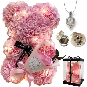 Romantic Valentines Day Gift for her Pearl Necklace Pink Rose Flower Bouquet & Heart Bear for Wife Mom Grandma Christmas Birthday Holiday Gifts For Her Women Gift Wedding Anniversary Home Decor