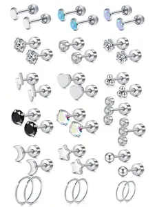 8pcs Silver Cubic Zirconia & Pearl Ear Cuff, Lip Ring, Earrings, Ear Cartilage/Helix/Tragus/Conch Piercing Jewelry, Stainless Steel Ear Cartilage/Helix/Tragus Earrings (For Women), 16G Ear Cartilage Earrings