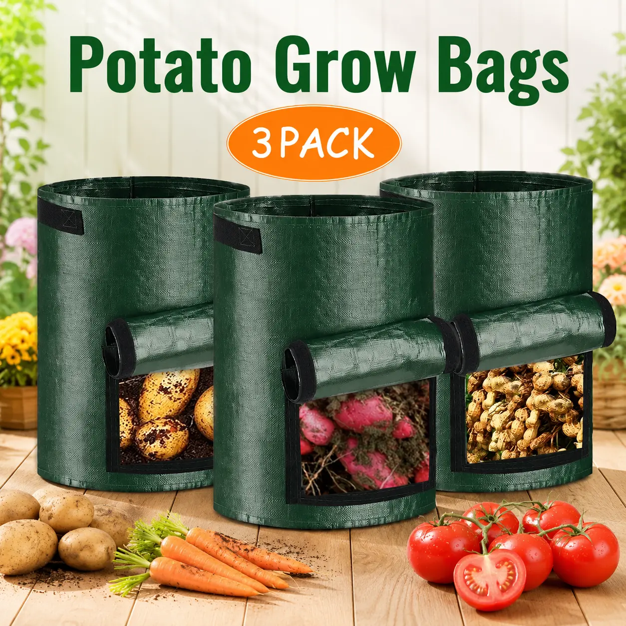 Garden Potato Grow Bags 10 Gallon Planting Bags Potato Planters with Flap and Handles Aeration Fabric Pots Heavy Duty 3 Pack