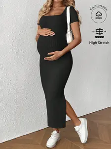 Maternity Square Neck Short Sleeve Solid Color Casual Dress, Suitable For Summer