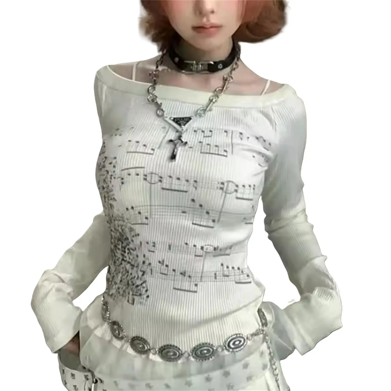 Women Y2K Graphic Long Sleeve Top Off Shoulder Music Score Tee Shirt Aesthetic Fairy Grunge T-Shirt 90s Streetwear