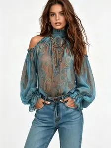 Ladies Retro Off-the-Should Perseid Pattern Blouse Top