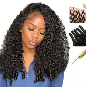 [Lowest Price] Mihugass 100% Crochet Human Hair Burmese Curly Wave Pre Separated Miracle Knots Hair Bundles 50g/Pack Feather Crochet Human Hair Extensions Curly & Water Wave Textures with Crochet Hook Natural Black