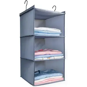 Hanging Closet Organizer 3-Shelf, Easy Mount Foldable Hanging Closet Wardrobe Storage Shelves for Clothes Handbag Shoes Accessories, Washable Oxford Cloth Fabric, Gray