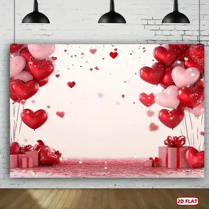 1pc, Valentine'S Day party banner Wall Backdrop, Multi-Purpose Party Banner, Heart balloons and gifts. Print Photography Background, Festive Holiday Christmas Wedding Table Decor, No Power Needed