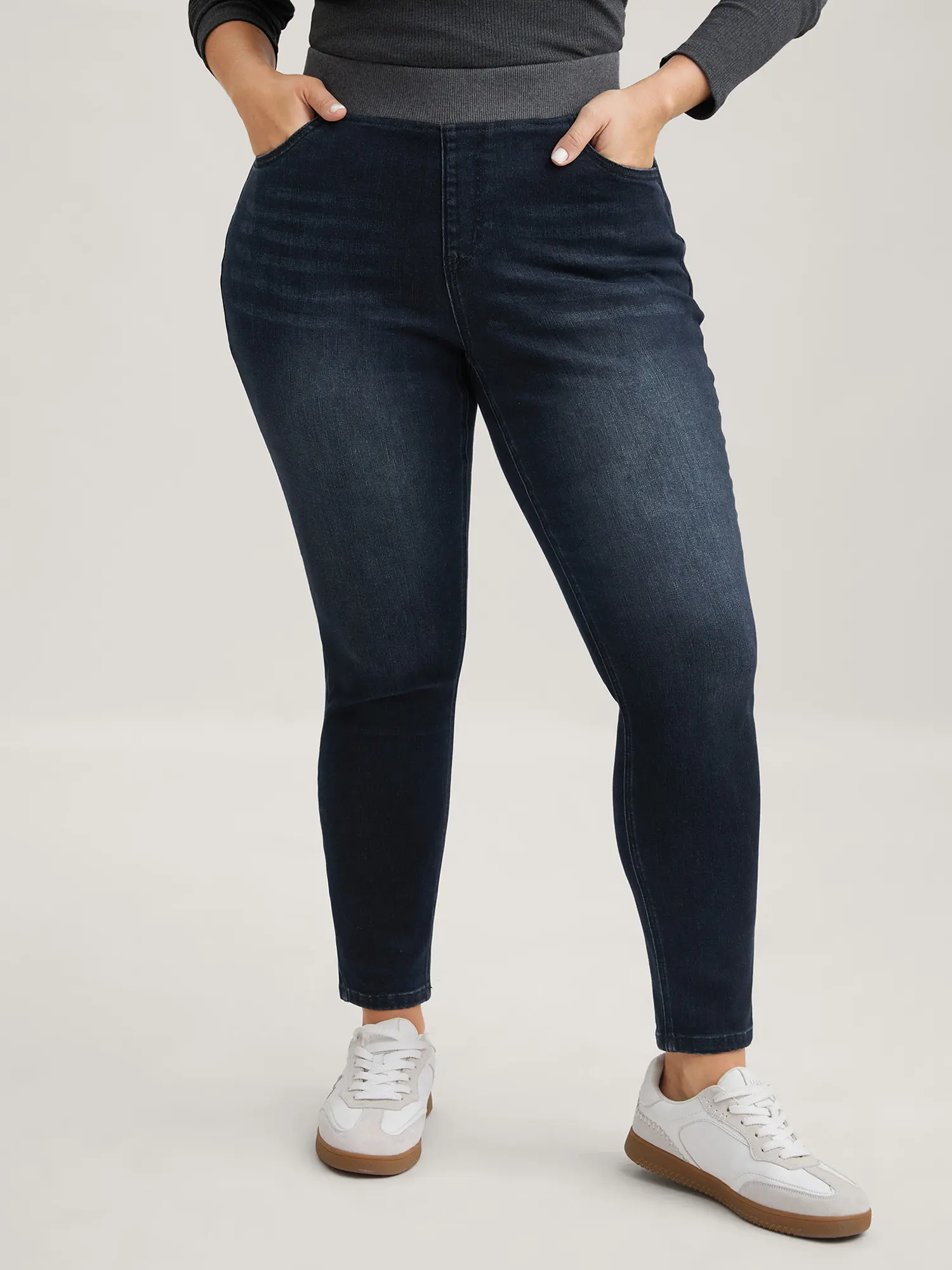 Women's Plus Size Skinny Jeans, Pull-On Butt Lifting Stretch Denim with Pockets, Everyday Leisure Style in a Dark Wash, Spandex, Fabric, Denim Pants, Skinny Fit, Cotton Blend, Garment, Lady, Slim, Bottom, Bottoms, Plus Size Clothes, Women's Clothes Plus S