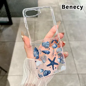 Seashell Symphony Pattern Protective Case for Z Flip 7/6/5/4, Double Protection Transparent Foldable Cover with Camera Lens Guard