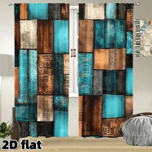 2D Flat 2Pcs Geometric Abstract Pattern Curtains Modern Turquoise Brown Color Block Design Rod Pocket Style Semi Sunshade Polyester Panels Home Decoration Curtain Suitable for Living Room Bedroom Kitchen Study Window Decor Anti Privacy Drapes