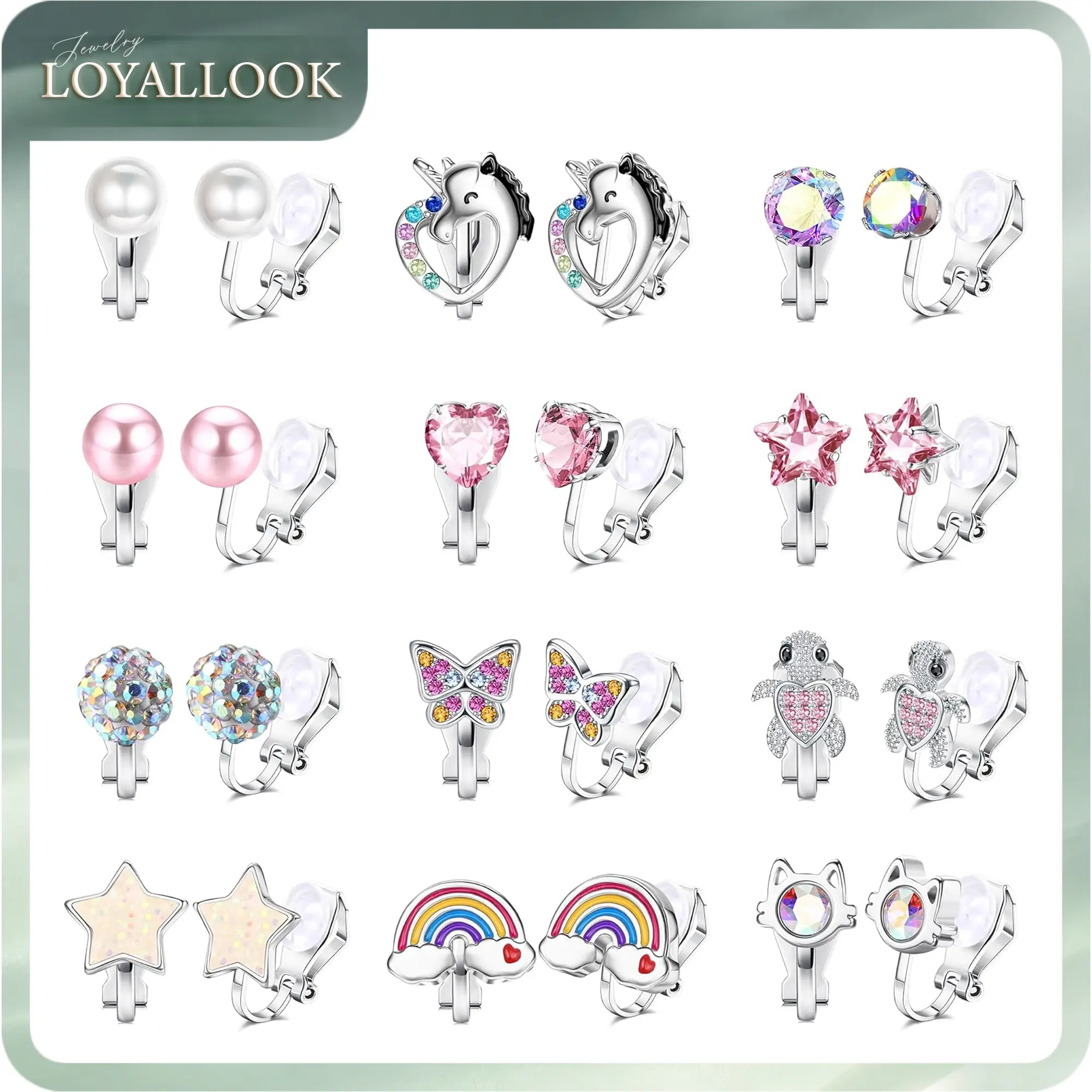 LOYALLOOK 12 Pairs Clip on Earrings for Girls Women Non Pierced, Hypoallergenic Fake Earring Set with Soft Rubber Pads, Cat Rainbow Butterfly Star CZ Pearl Jewelry Gifts Silver Easter Basket Stuffers