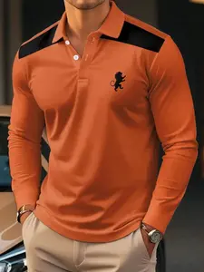 Men's 3D Digital Print Long Sleeve T-Shirt, Casual Comfortable Polyester Fabric, Button Details, Fitted, Streetwear, Polo
