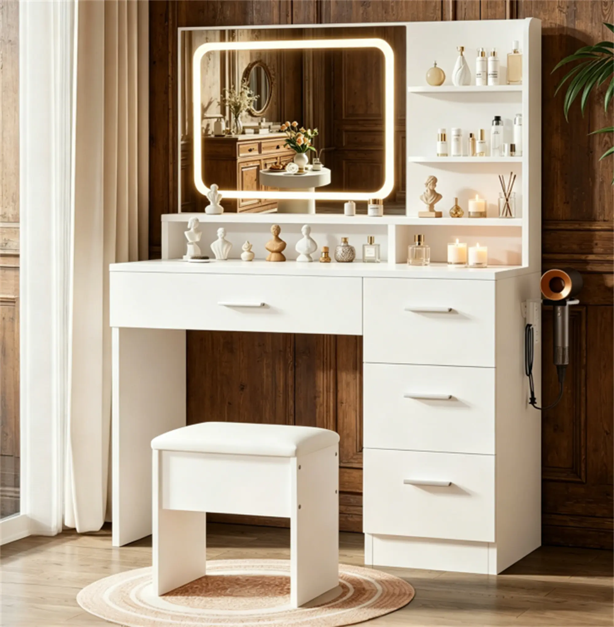 Modern White Dressing Table Set - Durable Home Décor Style Vanity with Touch Screen LED-Lit Mirror, Storage, Cushioned Stool, Assembly Required; Suitable for Teens, Adults’ Bedrooms, Spacious Desktop